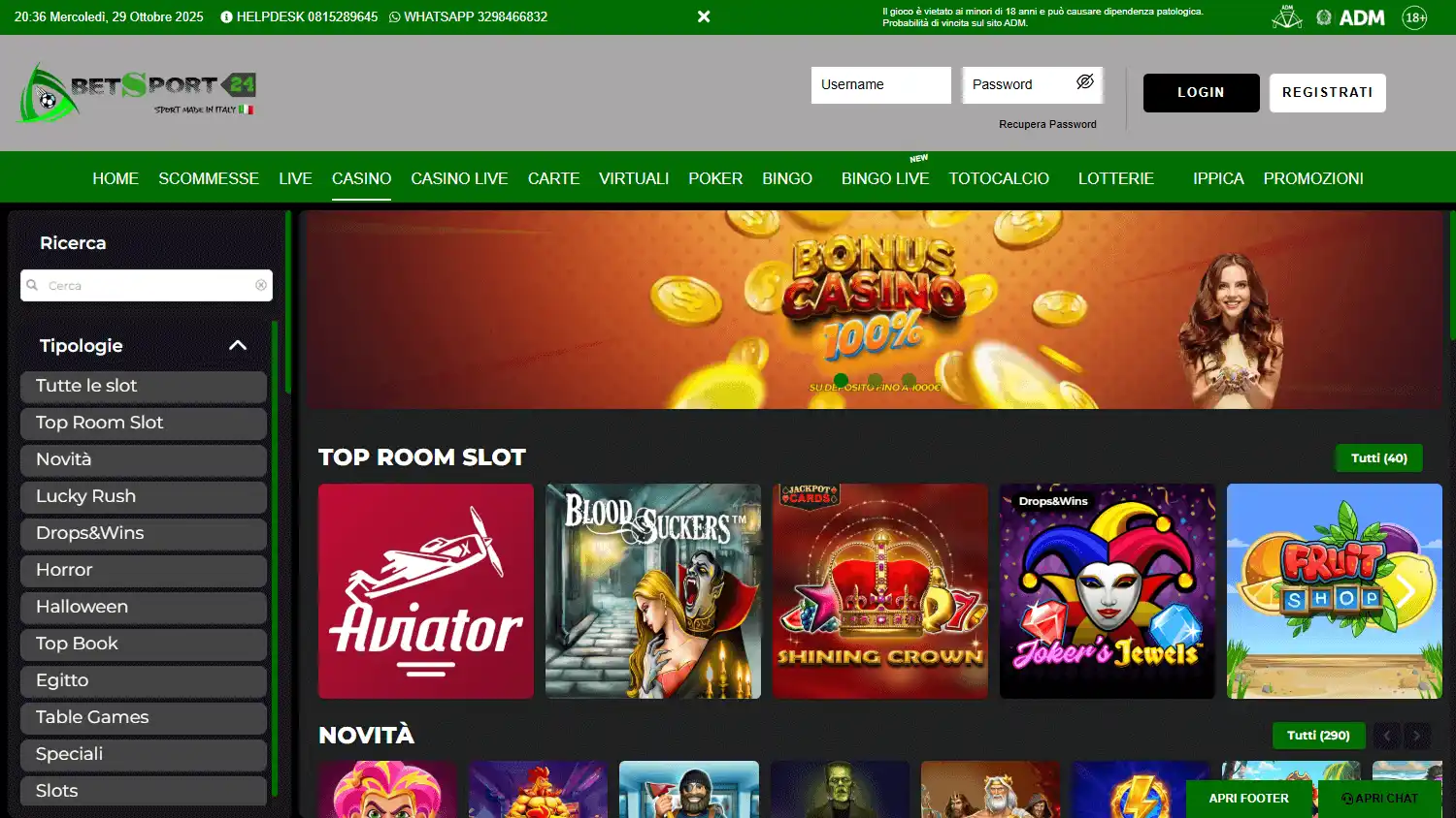 Betsport24 homepage — interfaccia principale del casinò online