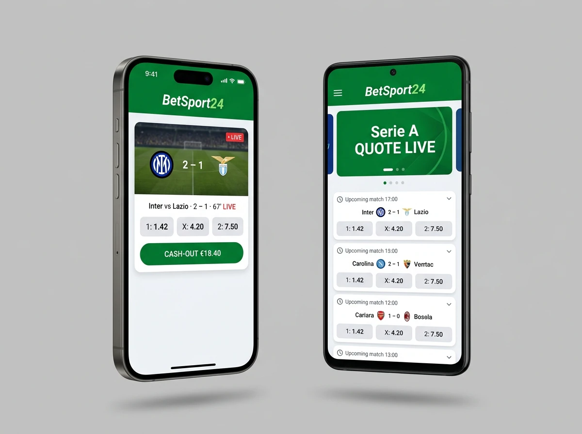 Betsport24 App — mockup interfaccia mobile iOS e Android